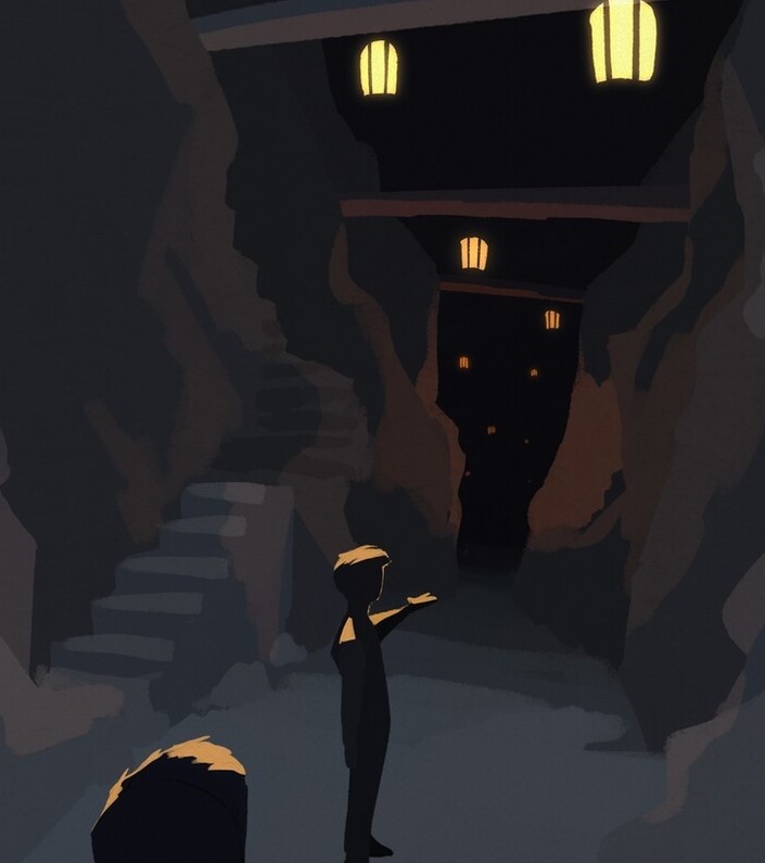 This is a drawing of Pogtopia, and is a screenshot from Late August's animatic. Tommy and Wilbur are black silhouettes. Tommy shows Wilbur the space before them. It is a dark tunnel lit up with various lanterns on the beams above. It is unclear how big the space is before them, as it is too dark. Stone stairs to their left lead up to an unseen area.